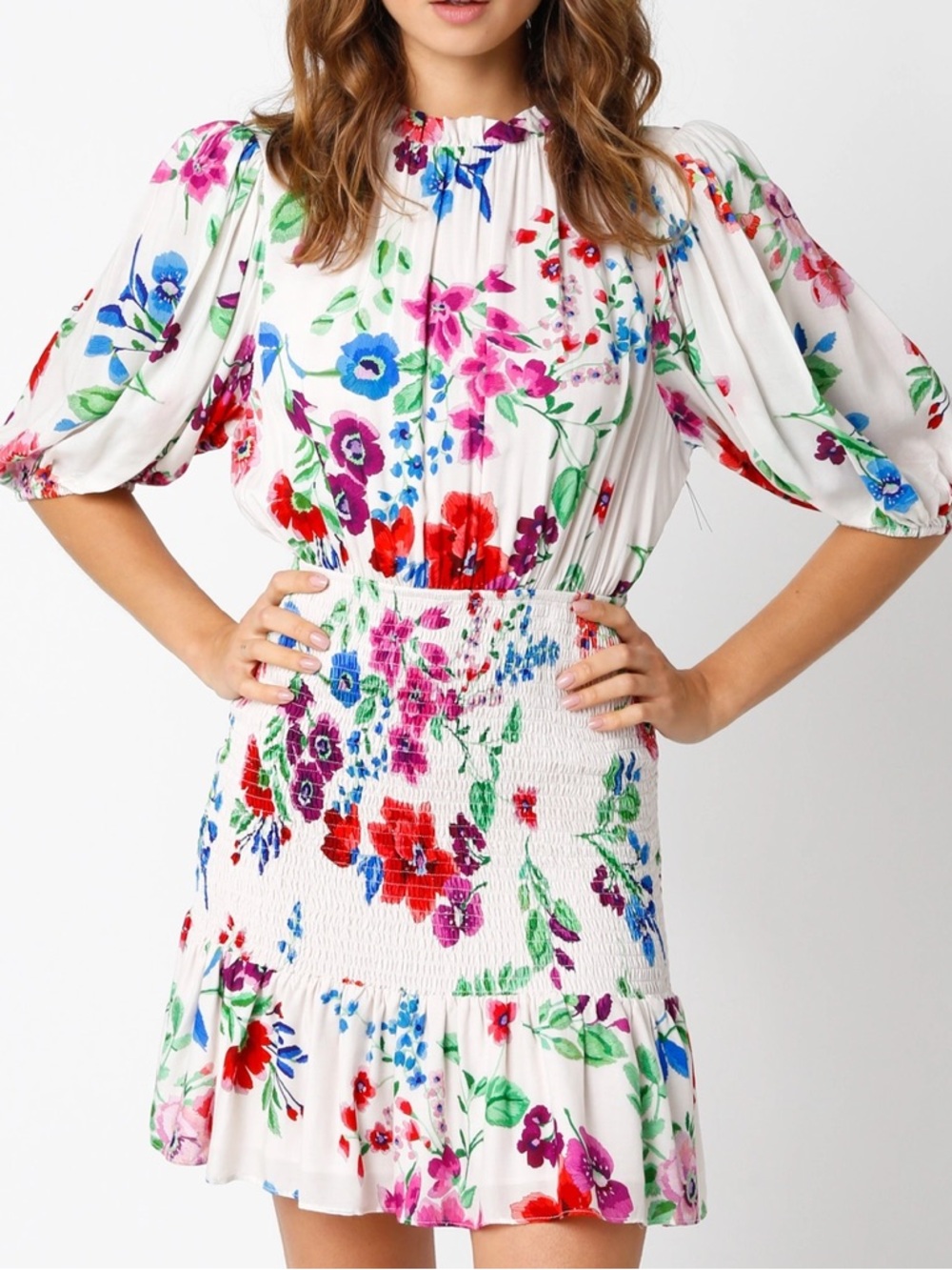 Olivaceous White Floral Mini Dress with Multicolor Blooms